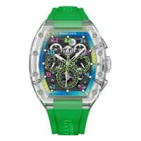 BONEST GATTI Men Automatic Watch Tonneau Mechanical Wristwatch Crystal Case Luminous Fluororubber Strap Month Week Date 24 Hours