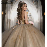 Glitter Champagne Quinceanera Dress 2023 Mexican Lace Florals Sweet 15 Dress Sequin Vestidos Para Xv Birthday Party