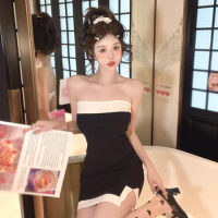 Bodycon Strapless Dress Slim Sexy Off Shoulder Korean VersionContrast Colors Split Women's Bodycon Dress Sleeveless