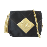 【二手名牌BRAND OFF】CHANEL 香奈兒 黑色 布料 菱格紋 Vintage 肩背包 金扣 鍊帶
