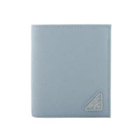 【PRADA】三角牌Logo防刮皮革對開零錢袋短夾(天藍色)