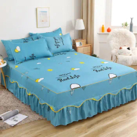 Nordic Floral Print Ruffles Bed Cover Set Plaid Cartoon Pattern Bed Spread Pillowcase 3 Pcs Queen Size Bed Skirt Mattress Cover