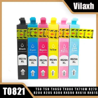 Vilaxh 6x Compatible T0821 - T0826 Ink Cartridge For Epson R270 R390 TX650 T50 T59 RX590 TX700W TX720 TX700 TX800 RX610 Printer