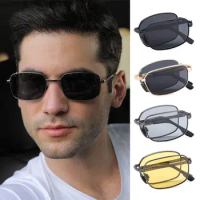 Portable Folding Polarized Sunglasses for Men, Square Metal Frame Photochromic Sunglasses Driving Glasses Night Vision Eyewear