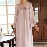 Marthaqiqi Elegant Female Nightgowns Sexy V-Neck Sleepwear Long Sleeve Pajama Lace Mid-Calf Dress Casual Home Clothes For Women