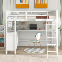 Full size Loft Bed with Drawers and Desk, Wooden Loft Bed with Shelves, modern and practical design children's bed