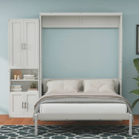 Murphy Bed with 1 Side Cabinet Storage Shelf, 61.5-inch Cabinet Bed Folding Wall Bed with Desk Combo，Full Size Bed，Grey White