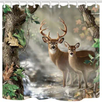 Deer Decor,Waterproof Fabric Elk Foggy Forest Shower Curtain