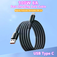 100W 6A Magnetic Type C Suction Retractable Fast Charging Data Cable Easy Storage For Samsung S22 Xiaomi Huawei Phone USB C Cord