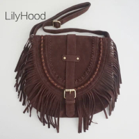 Women Faux Suede Fringed Tassel Indie Folk Side Sling Bag 2024 Boho Hippie Gypsy Bohemian Ibiza Aest