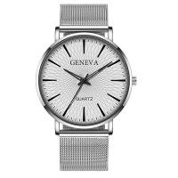 Geneva 日內瓦-莫里斯網紋簡約刻度米蘭帶手錶-銀帶白盤銀框/40mm