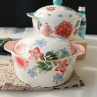 歐式純手繪陶瓷雙耳湯碗烤碗家用早餐碗可愛甜品碗泡面碗帶蓋