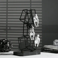 Modern Geometric Black Paint Wrought Iron Frame Ornaments Home Room Tv Cabinet Sculpture Crafts Thinker Statue With Marble Base