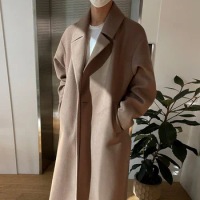 Elegant 2023 Men's Woolen Fashion Overcoat New Casual Gentleman Autumn Winter Trendy Korean Long Coat Windbreaker 9D1664