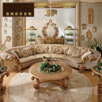 European luxury fabric sofa French arc shaped carved solid wood sofa villa high-grade living room sofa furniture customize