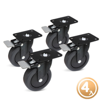 【3英吋】75x22mm 高彈性TPR輪 工業新時尚雙蓋電著黑(四顆一組) 四角雙剎車　　