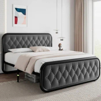 Queen Metal Bed Frame, Button Tufted Headboard, Heavy-Duty Platform Bed Frame, Noise-Free, Easy Assembly, Queen Bed Frame