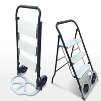 Multifunctional 4-in-1 Aluminum Folding Ladder Trolley Hand Cart Portable 3-Step Ladder Hand Tools With Platform OEM Silver