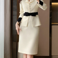 Tesco Elegant Women's Skirt Sets Blazer Suit With Bow A-line Skirt White Fuchsia Princess Skirt Set Patchwork Trendy Lady Jacket