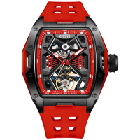 【BONEST GATTI】布加迪 紅色系 黑框 鏤空酒桶造型 紅氟橡膠錶帶 機械錶 46mm 情人節(BG5501-A3)