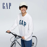 【GAP】男裝 Logo純棉印花圓領長袖T恤 厚磅密織親膚系列-白色(892184)