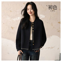 【初色】小香風短款圓領長袖金色排釦飾條棒球外套女外套-黑色-38491(M-2XL可選)