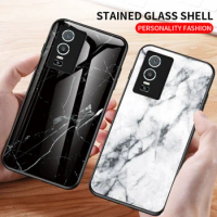 vivo Y76 5G V2124 Case Marble Shockproof Tempered Glass Hard Back Cover Phone Case Silicone Bumper for vivo Y76 VivoY76 5G V2124