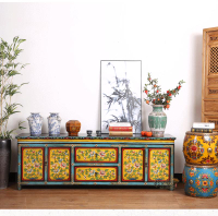 定制            新中式彩繪電視櫃 實木西藏式家具仿古做舊地櫃客廳櫃儲物裝飾櫃