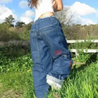2023 New Y2K Korean retro big pocket letter embroidery loose blue jeans female fashion high waist wide-leg pants straight pants