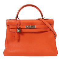 【二手名牌BRAND OFF】HERMES 愛馬仕 橘色 TC皮革 Kelly 32 凱莉包 兩用包 銀扣 T刻