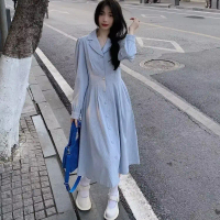 Versi Korea Gaun korduroi Prancis lengan panjang setelan retro kerah pinggang rok panjang sedang