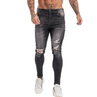 GINGTTO Men's Skinny Jeans Stretch Repaired Jeans Gery Hip Hop Distressed Super Skinny Slim Fit Ripped Pants Streetwear Big Size