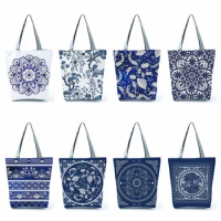 Elegant Lady Girls Handbags Floral Porcelain Geometry Abstract Pattern Shoulder Bag Casual Teenager Book Tote for Shopping Blue