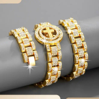 Gelang Jam Tangan Hip Hop, Kalung Hip Hop, Kalung Salib Dolar Boleh Putar, Untuk Lelaki, Gaya Hip Ho