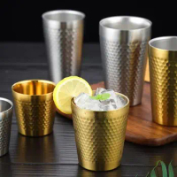 Double-Wall Beer Cups Stainless Steel Cold Water Drinks Cup Keep Cold Hammered Texture Anti-scalding Anti-fall Milk Mugs
