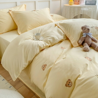奶油色刺繡小熊頭純棉水洗棉床上四件套100全棉ins風兒童被套床單