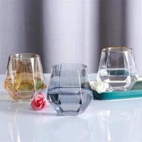 300ml Hexagonal Diamond Glass Cup Creative Crystal Tasting Whiskey Tumbler Wine Glass Gold Edge Juice Drink Water Cup Drinkware