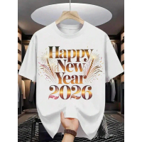 เสื้อยืดพิมพ์ลาย \สวัสดีปีใหม่ 2026\" ทำจากผ้าฝ้ายแท้ คอกลม แขนสั้น ใส่ได้ทั้งชายและหญิง มีไซส์ตั้งแ