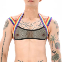 Mesh Cropped Tops Men Sexy Body Chest Tank Tops Harness Belt See-Through Mesh Rainbow Strap Vest Gay Porno Lingerie Undershirts