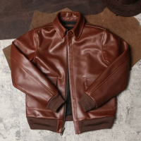 Heavy American Leather Lapel Cropped Jacket Vintage A2 Leather Jacket Hard Waxy Cowhide Flight Suit