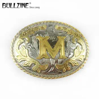 The Bullzine western flower with letter "M" belt buckle with silver and gold finish FP-03702-M for 4cm width snap on belt