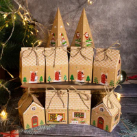 24Pcs Christmas Gingerbread House Paper Box Advent Calendar Gift Boxes Cookie Packaging Bags Christmas Party Decoration Supplies