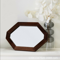 客廳法式復古八角化妝鏡 桌面木質梳妝鏡 可壁掛黑胡桃木鏡子