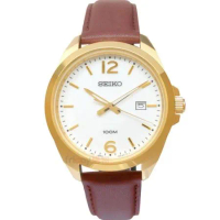 SEIKO 精工 SUR216P1手錶 白面金框 日期 咖啡色皮帶 男錶