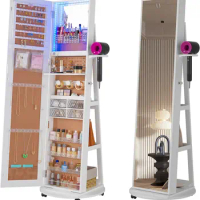 360° Swivel Jewelry Armoire with Mirror, LED Mirror Jewelry Cabinet Standing, Standing Organizer/Lockable Wheels/Foldable