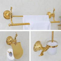3pcs/set Luxury Gold Solid brass Bathroom hardware accessories Set Double towel rack Towel bar Paper holder Toilet brush holder