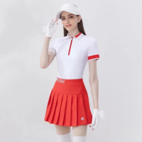Summer Golf Contrasting Short Sleeved Women's Top Skirt Set Slim Fit Elastic Comfortable Zip Polo Shirt Ladies Pleated Skort