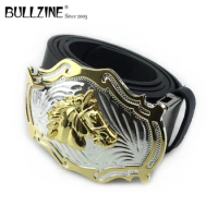 The Bullzine western horse head belt buckle with silver and gold finish with PU belt with connecting clasp FP-03535