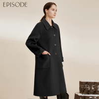 EPISODE - 百搭寬鬆娃娃領單排釦羊毛長版大衣外套124ZC8（黑）