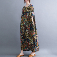 米蘭精品 連身裙棉麻洋裝-寬鬆民族風印花長款女裙子3色74cs87